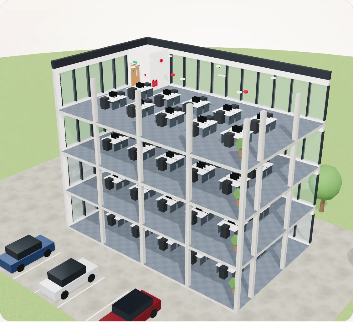 3D model of a four-storey office with its fire alarm system: detectors, call points, sounders, emergency lighting, extinguishers and fire doors