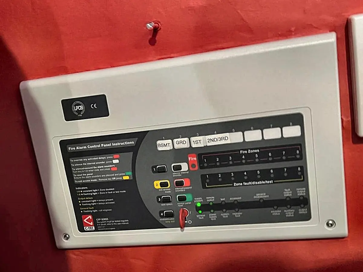 The C-TEC CFP conventional panel at the Kensington house, zones labelled basement, ground, first and second to third floor