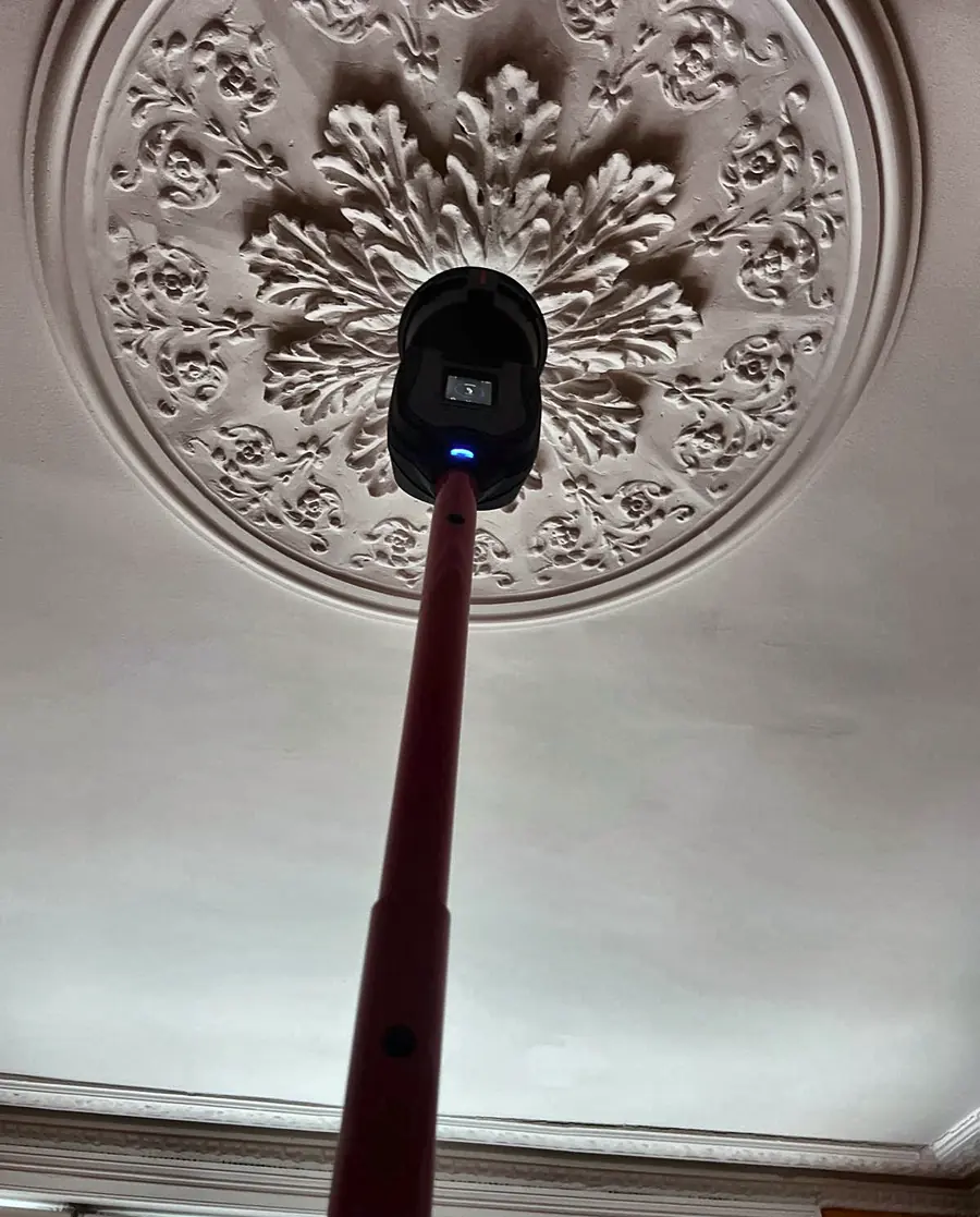 A ceiling detector tested from the floor under a period ceiling rose in Kensington, W8